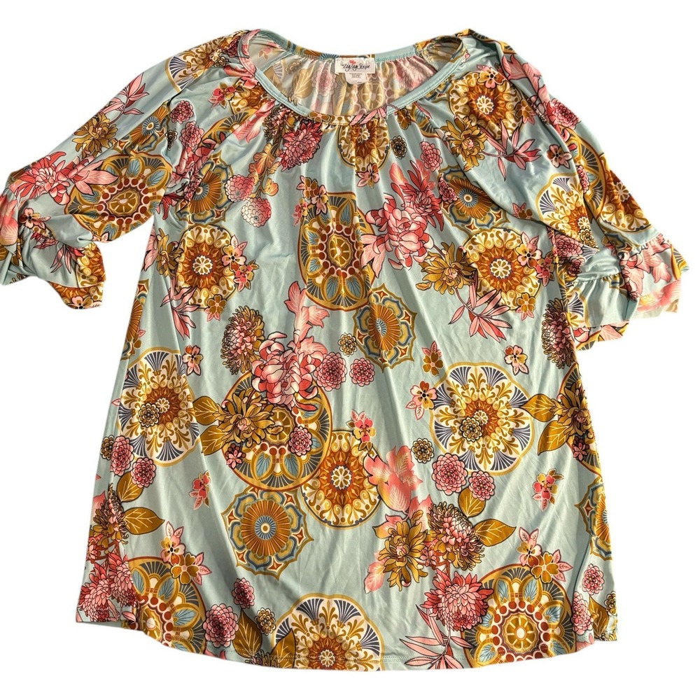 Zig Zag Stripe Top Womens Large‎ Blue Floral Swingy